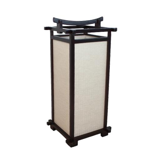 Asian-inspired floor lamp with beige shade and dark frame.